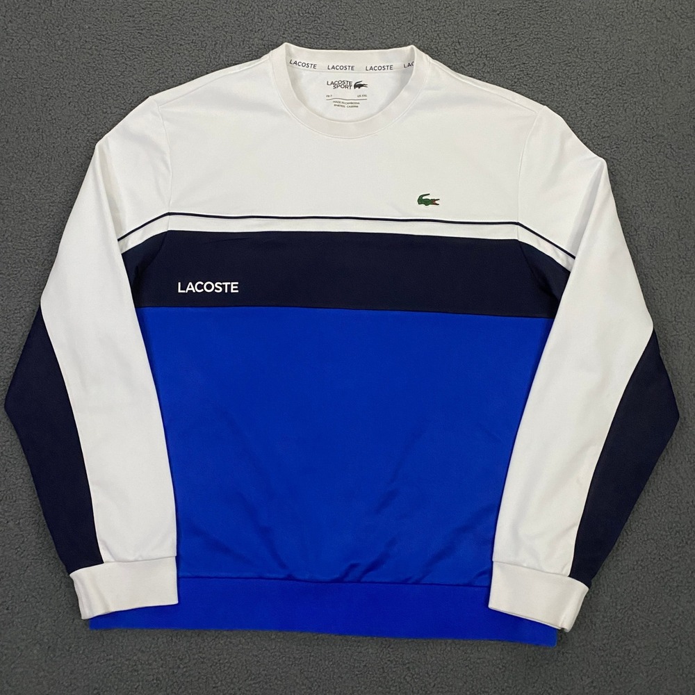 Lacoste Sport Shirt Mens 2XL Blue Striped Crew Performance Logo Sweatshirt